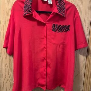 Vibrant Red Blouse with Zebra Print Collar